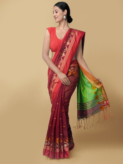 

Unnati Silks Women Maroon & Green Pure Handloom Bengal Linen Sustainable Saree