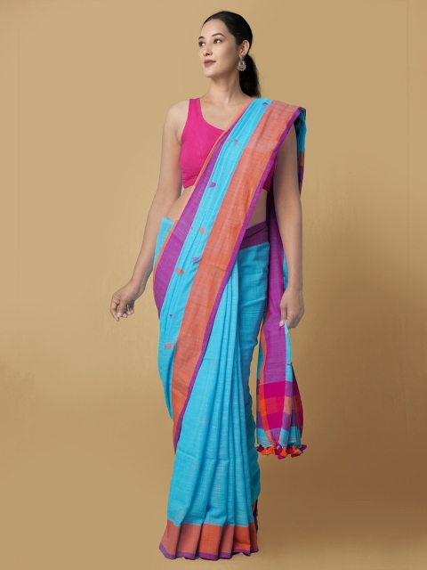 

Unnati Silks Blue & Purple Pure Bengal Linen Jamdani Saree