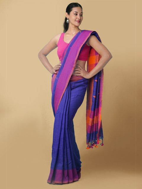 

Unnati Silks Blue & Pink Pure Bengal Linen Jamdani Saree