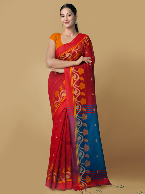 

Unnati Silks Red & Blue Floral Pure Bengal Linen Jamdani Saree