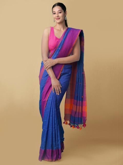 

Unnati Silks Blue & Magenta Woven Design Pure Bengal Linen Jamdani Saree