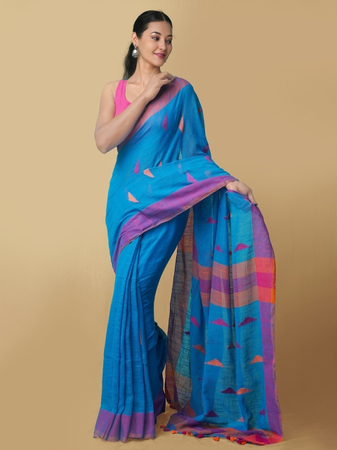 

Unnati Silks Blue & Purple Woven Design Pure Bengal Linen Jamdani Saree