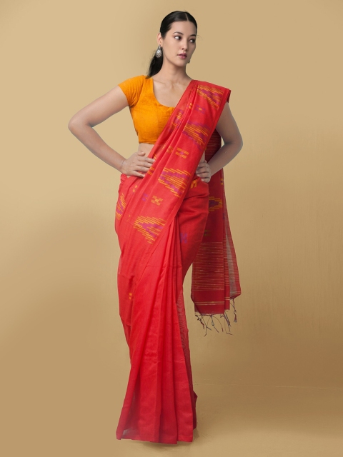 

Unnati Silks Red & Yellow Pure Bengal Linen Jamdani Saree