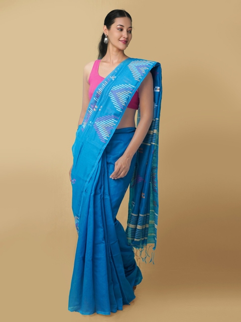 

Unnati Silks Women Blue & White Pure Handloom Bengal Linen Sustainable Saree