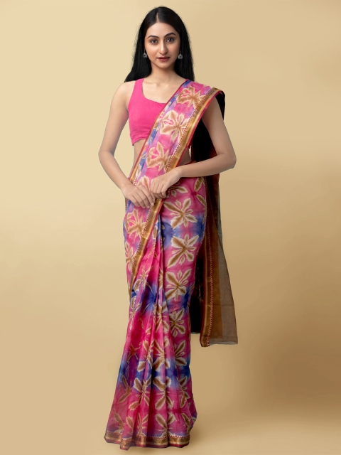

Unnati Silks Multicoloured Floral Zari Pure Shibori Cotton Leheriya Saree, Multi