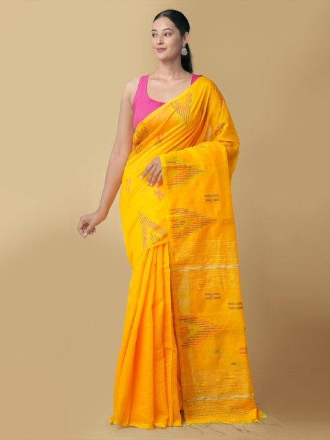 

Unnati Silks Yellow & Red Pure Bengal Linen Jamdani Saree