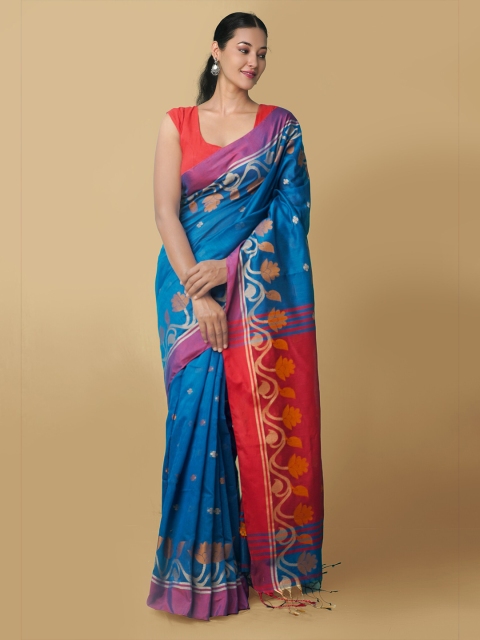 

Unnati Silks Blue & Red Floral Pure Bengal Linen Jamdani Saree