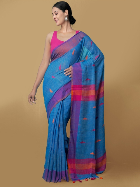 

Unnati Silks Blue & Pink Pure Bengal Linen Jamdani Saree
