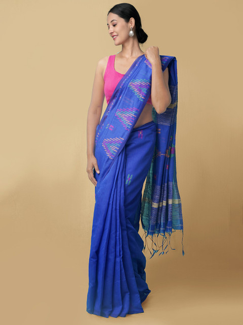 

Unnati Silks Blue & Pink Pure Bengal Linen Jamdani Saree