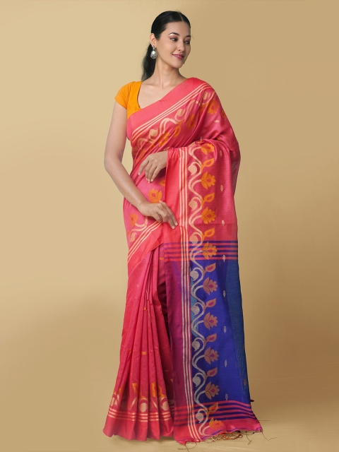 

Unnati Silks Red & Blue Floral Pure Bengal Linen Jamdani Saree