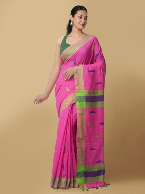 

Unnati Silks Pink & Blue Pure Linen Jamdani Saree