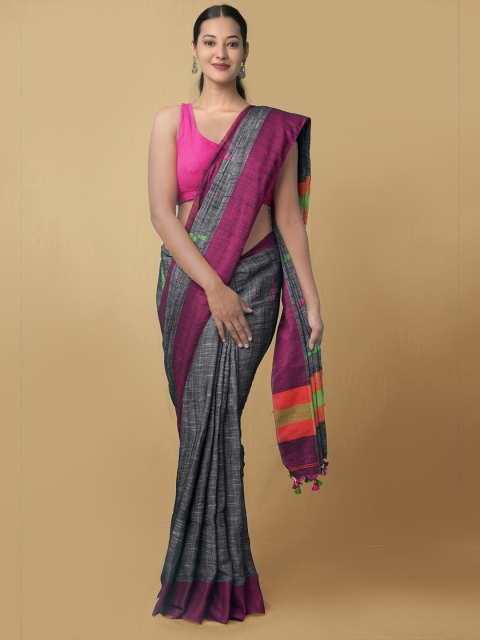 

Unnati Silks Grey & Orange Pure Linen Jamdani Saree