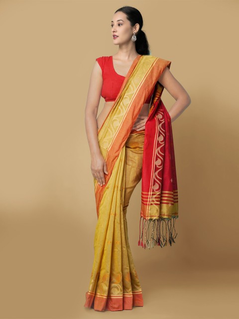 

Unnati Silks Brown & Gold-Toned Woven Design Pure Linen Jamdani Saree