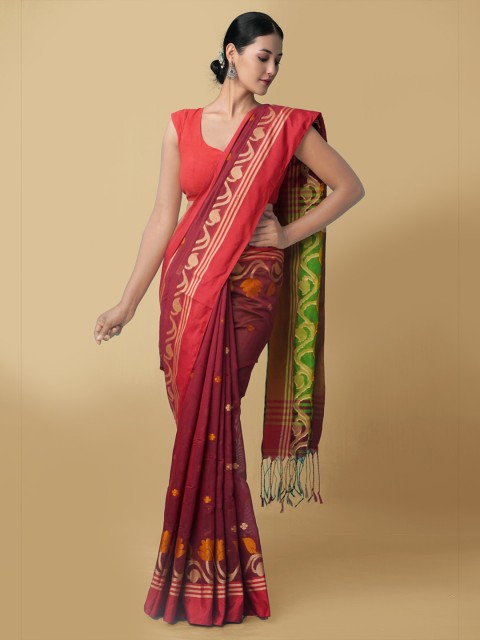 

Unnati Silks Women Maroon & Green Pure Handloom Bengal Linen Sustainable Saree