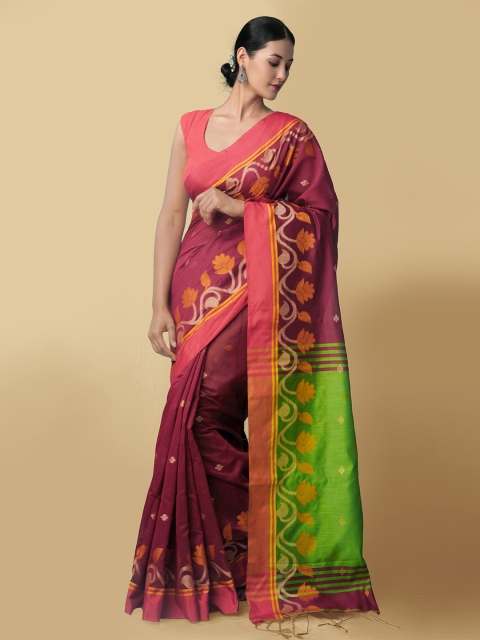 

Unnati Silks Maroon & Green Woven Design Pure Linen Jamdani Saree