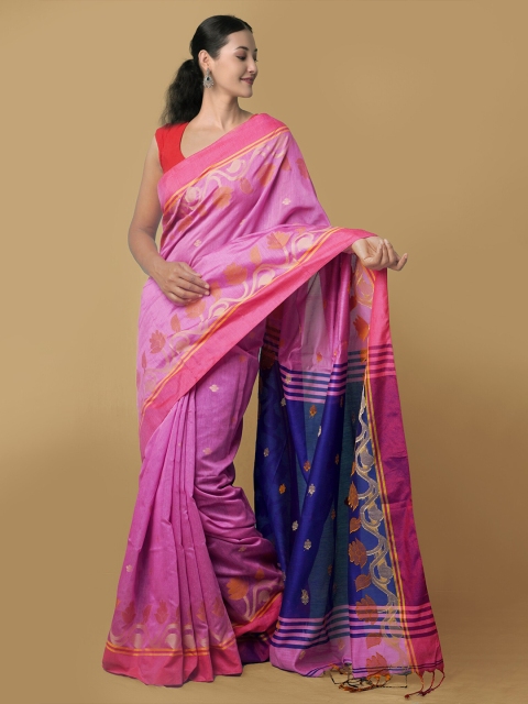 

Unnati Silks Pink & Blue Woven Design Pure Linen Jamdani Saree