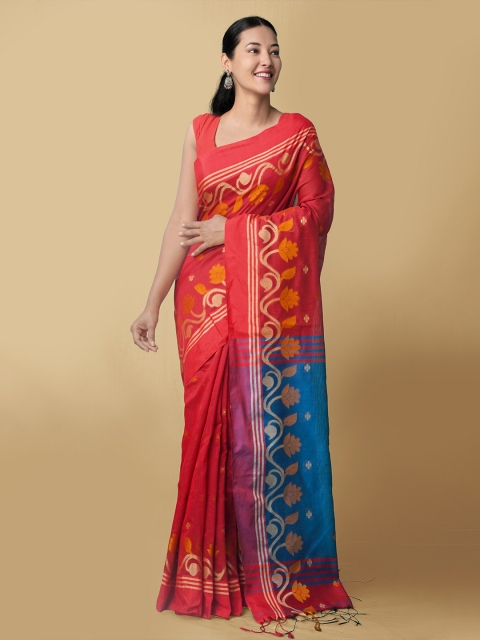 

Unnati Silks Red & Blue Woven Design Pure Linen Jamdani Saree