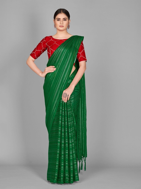 

SUTRAM Green & Silver-Coloured Striped Silk Blend Saree with Tassels