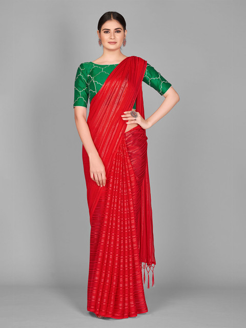 

SUTRAM Red & Silver-Coloured Striped Silk Blend Saree with Tassels