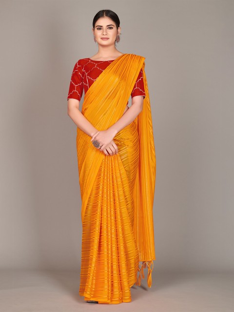 

SUTRAM Yellow & Gold-Coloured Striped Silk Blend Saree with Tassels