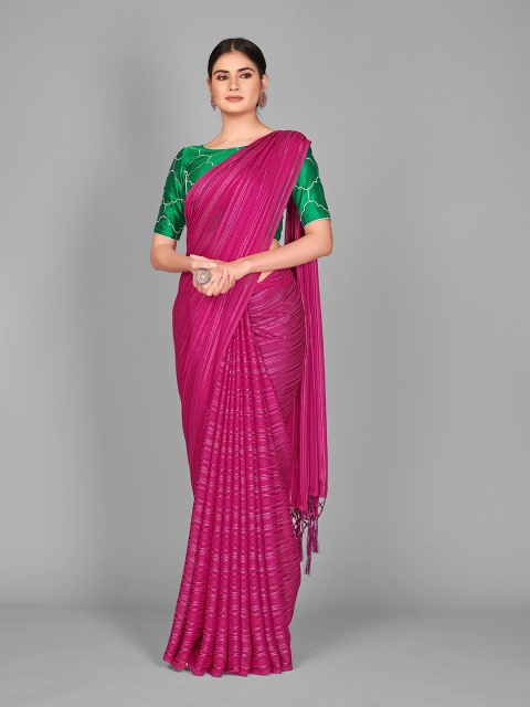 

SUTRAM Pink & Silver-Coloured Striped Silk Blend Saree with Tassels