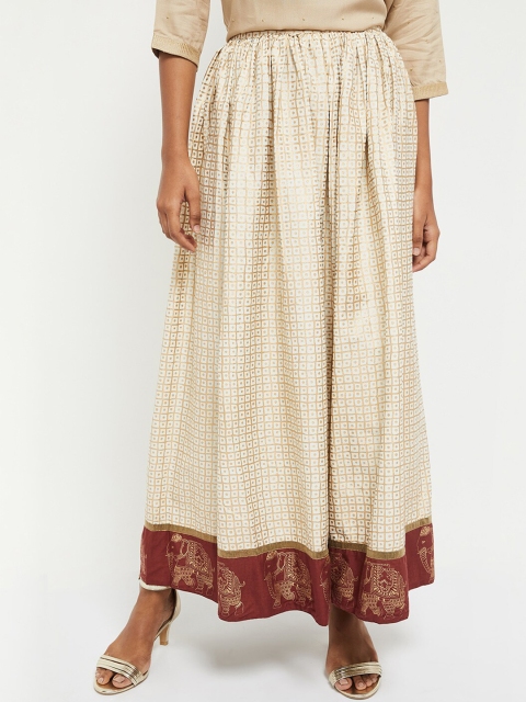 

max Women Cream-Coloured & Gold-Coloured Printed Pure Cotton Flared Maxi Skirt