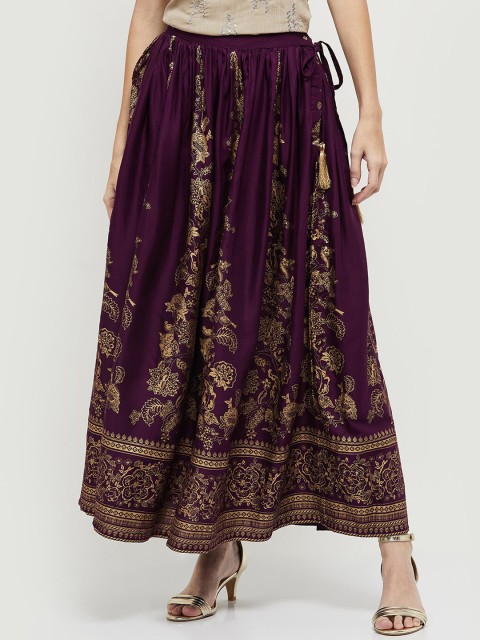 

max Women Purple & Gold-Coloured Printed Flared Maxi Skirt