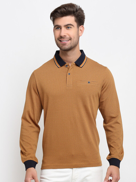 

CONFIDENCE Men Mustard Yellow Printed Polo Collar Cotton Slim Fit T-shirt