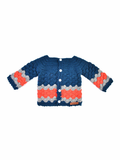 

The Original Knit Unisex Kids Navy Blue & Orange Colourblocked Cardigan