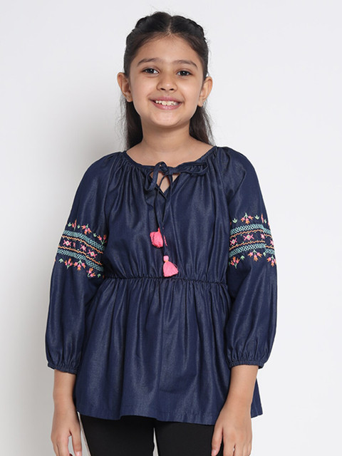 

Nauti Nati Girls Cotton Navy Blue Tie-Up Neck Empire Top
