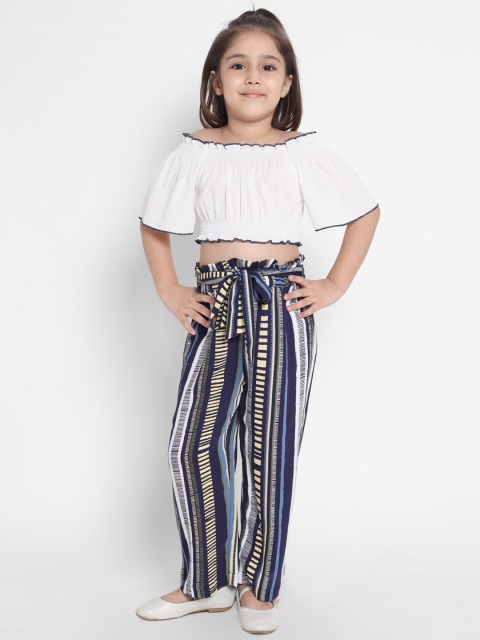 

Nauti Nati Girls White & Blue Solid Off-Shoulder Crop Top With Palazzos