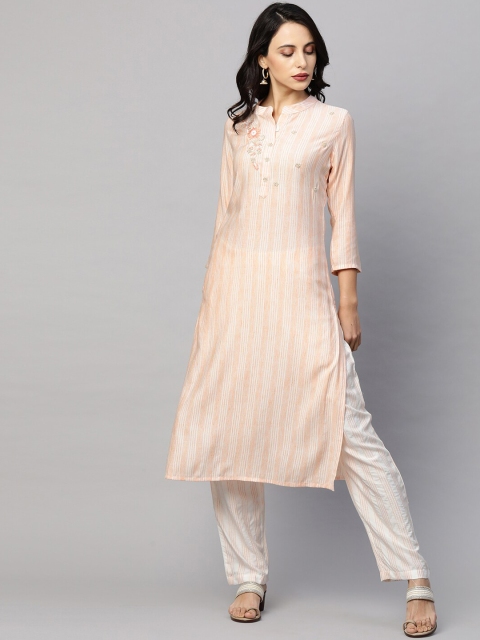 

FASHOR Women Peach-Coloured Striped & Embroidered Kurta with Trousers