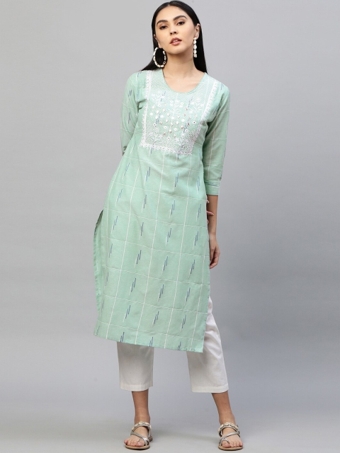 

FASHOR Women Green Checked Thread Work Kurta