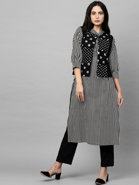 

FASHOR Women Black & White Geometric Pure Cotton Kurta with Trousers & Jacket