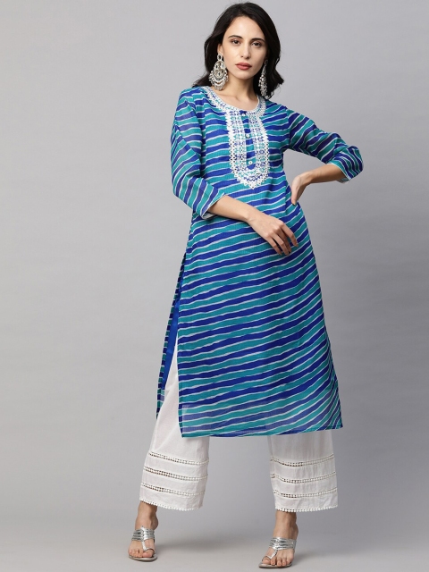 

FASHOR Women Blue Striped Mirror Work Kurta