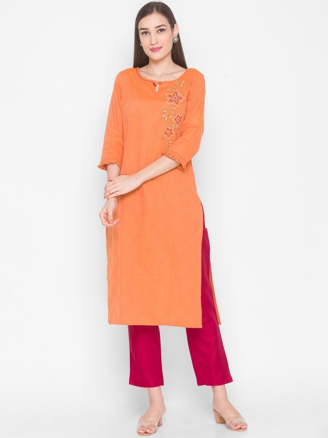 

ZOLA Women Orange Floral Embroidered Keyhole Neck Cotton Kurta