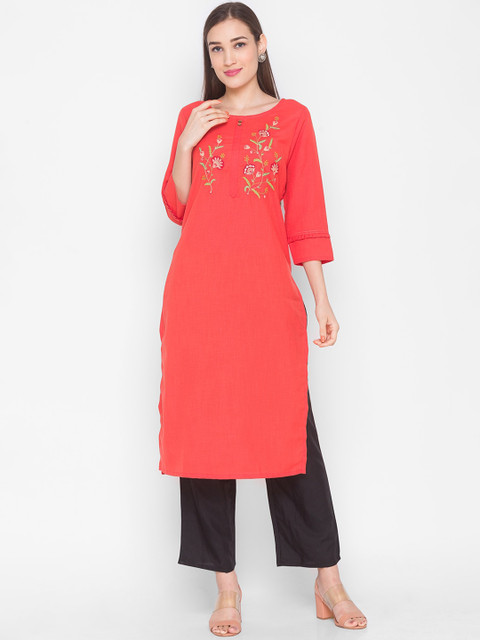 

ZOLA Women Orange Floral Embroidered Kurta