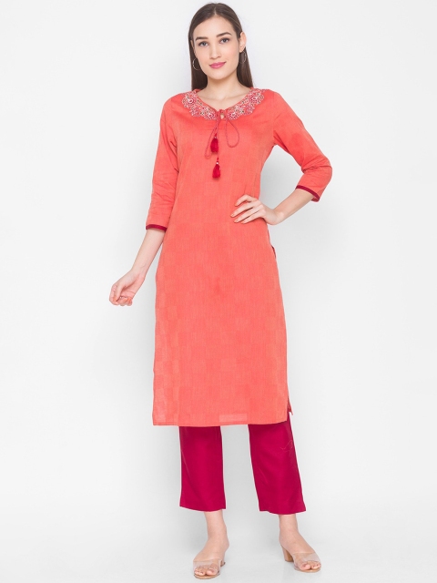 

ZOLA Women Orange Floral Embroidered Cotton Kurta