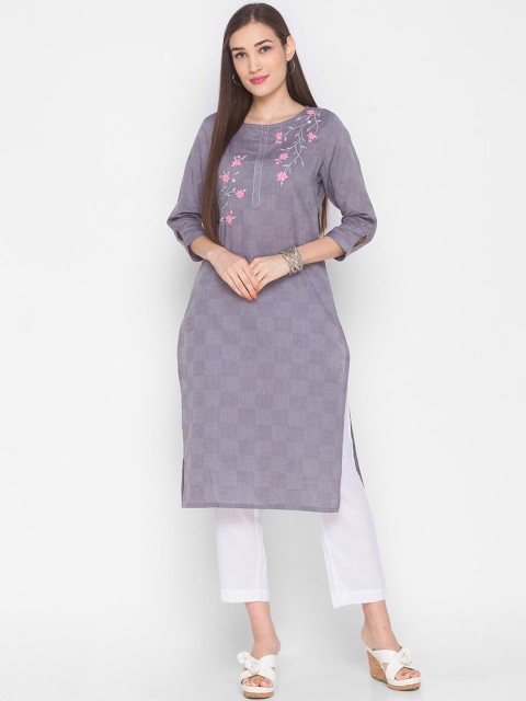 

ZOLA Women Grey Floral Embroidered Cotton Kurta