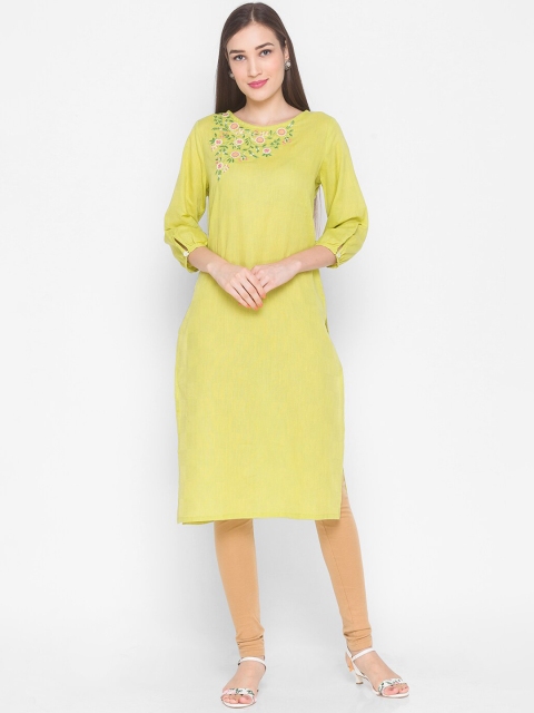 

ZOLA Women Lime Green Floral Embroidered Cotton Kurta
