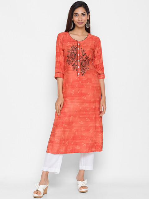

ZOLA Women Orange Floral Embroidered Kurta