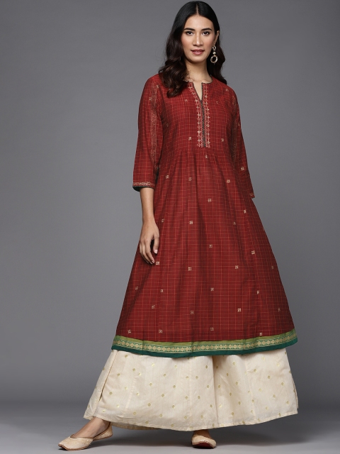 

Fabindia Women Maroon Pure Cotton Checked Anarkali Kurta