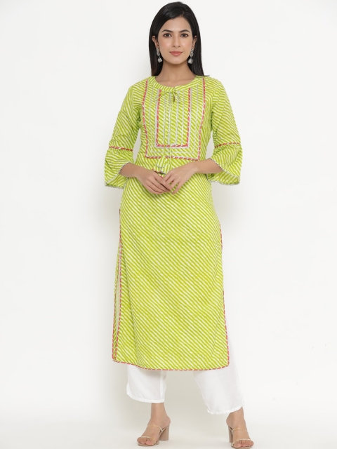 

Indian Virasat Women Green Striped Bell Sleeves Kurta