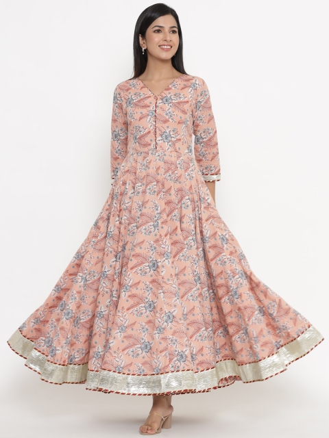 

Indian Virasat Peach-Coloured Floral Cotton Ethnic Maxi Dress