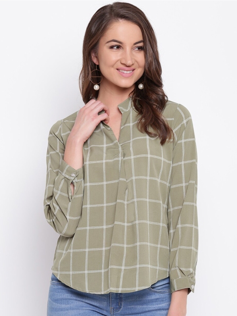 

Mayra Green Checked Mandarin Collar Shirt Style Top