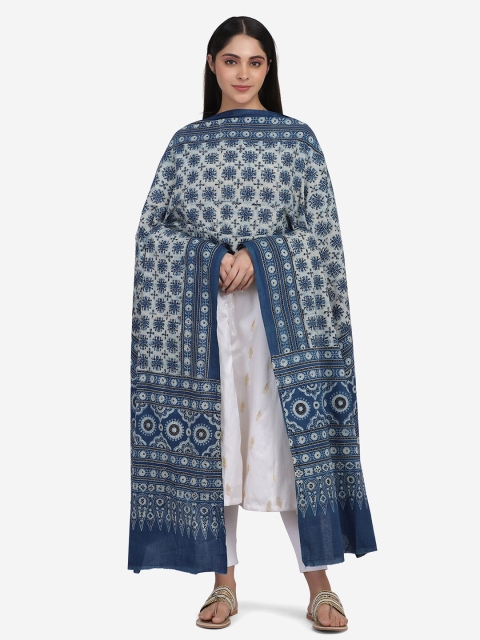 

THE WEAVE TRAVELLER Beige & Black Ethnic Motifs Printed Pure Cotton Block Print Dupatta