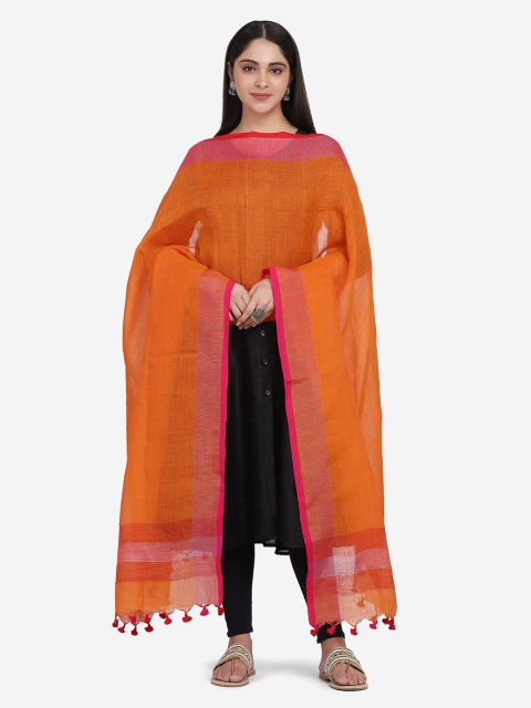 

THE WEAVE TRAVELLER Orange & Pink Linen Dupatta with Zari