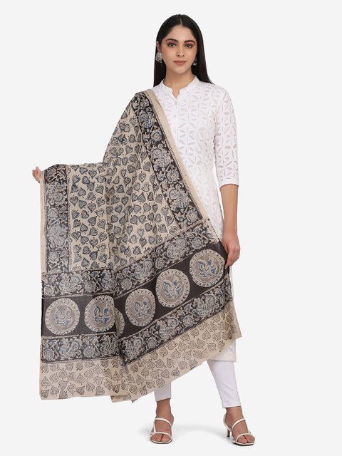 

THE WEAVE TRAVELLER Beige & Black Ethnic Motifs Printed Pure Cotton Block Print Dupatta