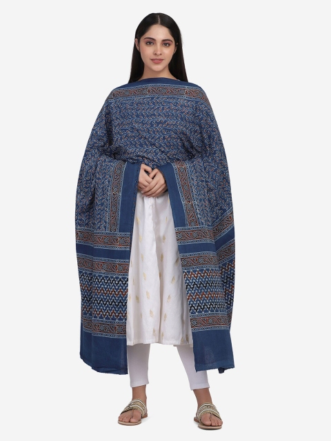 

THE WEAVE TRAVELLER Blue & Maroon Ethnic Motifs Printed Pure Cotton Block Print Dupatta