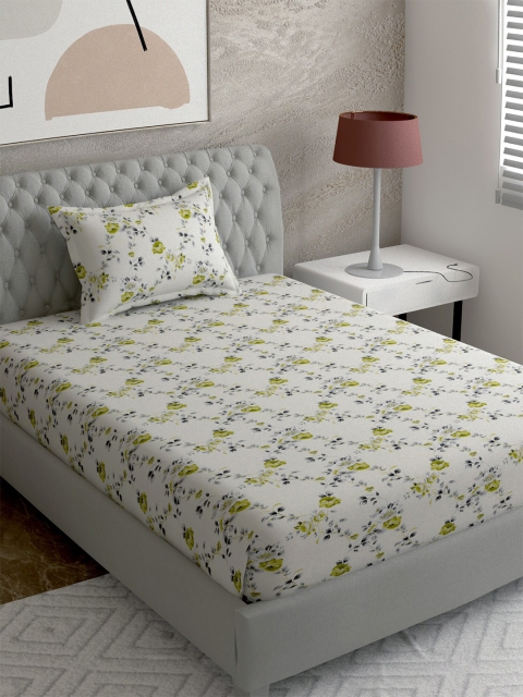 

EverHOME White & Green Floral 144 TC Single Bedsheet with 1 Pillow Covers
